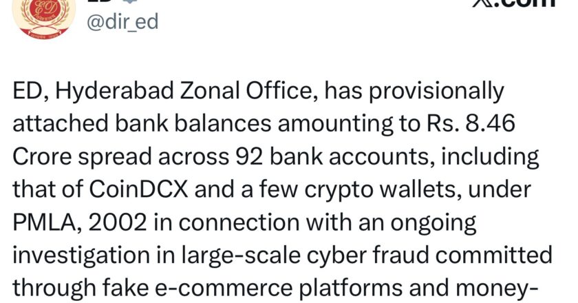ED Hyderabad Zone Blocks Rs 8.46 Crore in Crypto-Linked Cyber Fraud Case